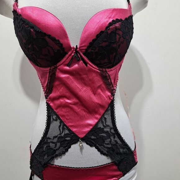 Body Rage Intimates Sexy Bodysuit Mesh Vixen Whimsygoth Lace Trim Large Pink/Bla - Picture 14 of 15